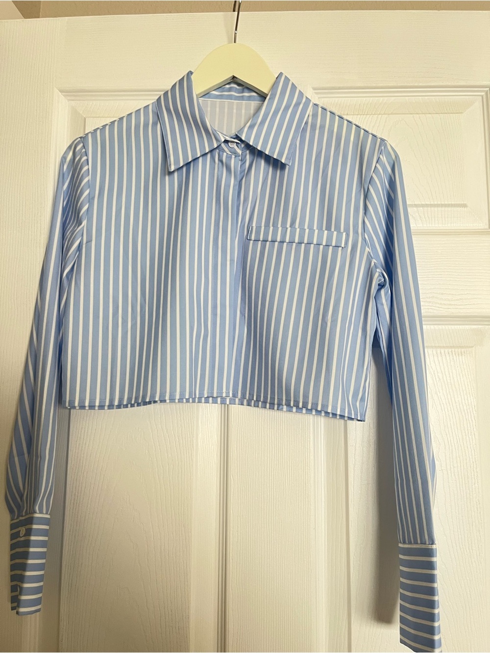 Amazon Blue and White Striped Cropped Button Down Shirt